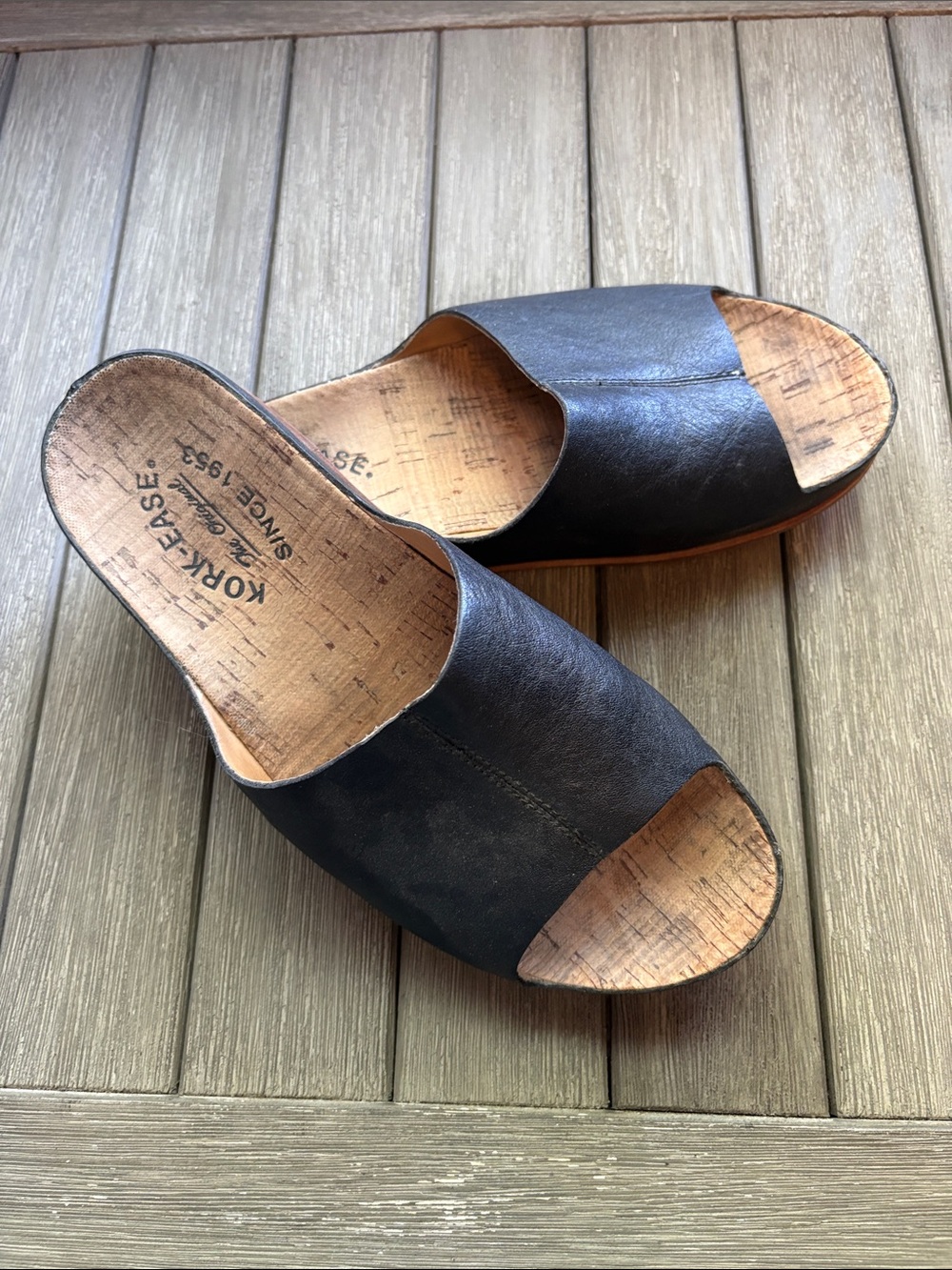 Kork-Ease Black Open-Toe Leather Slide Mules
